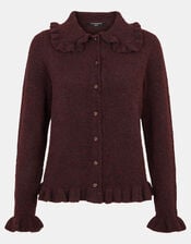 Ruffle Collar Cardigan, Brown (CHOCOLATE), large