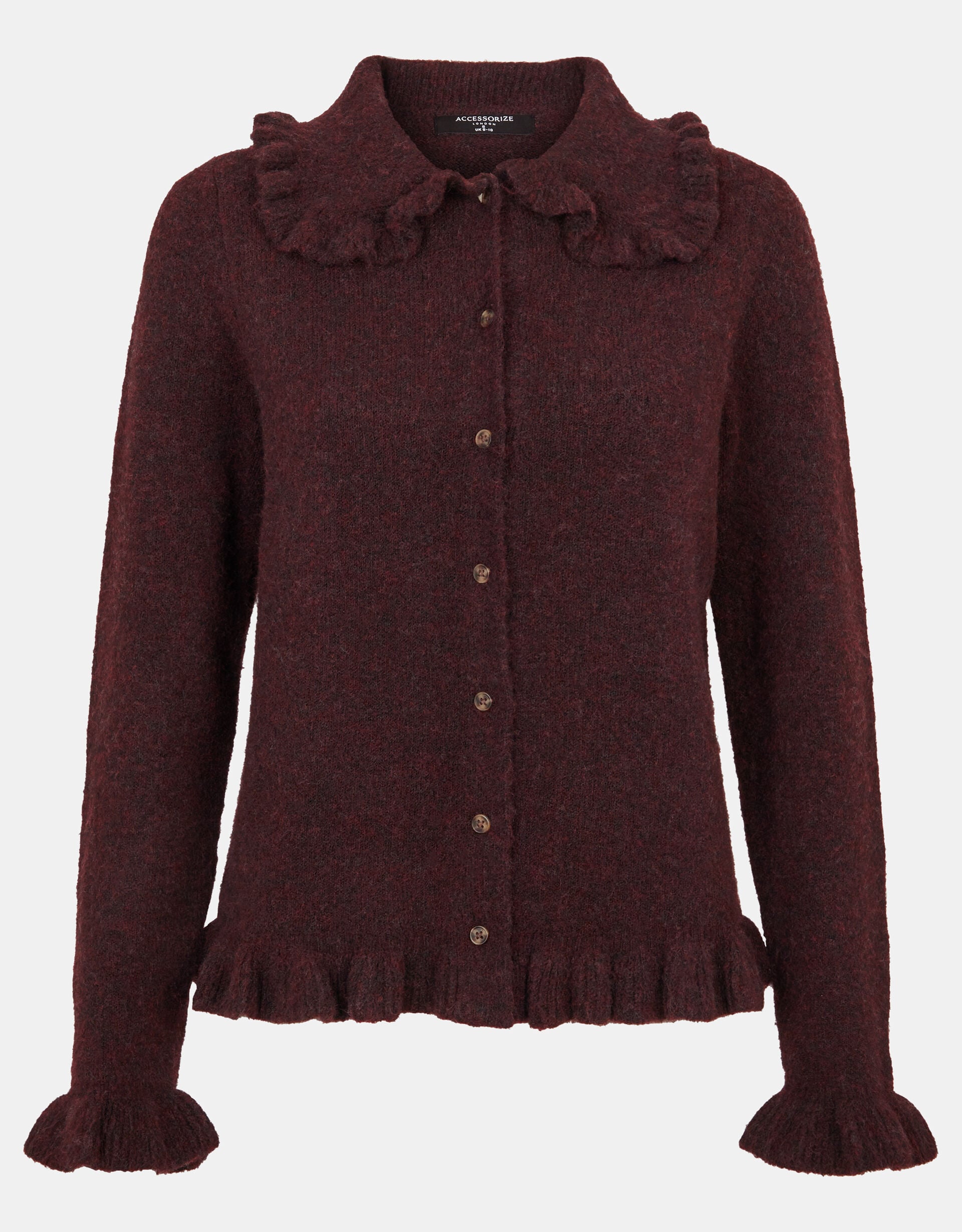 Ruffle Collar Cardigan, Brown (CHOCOLATE), large