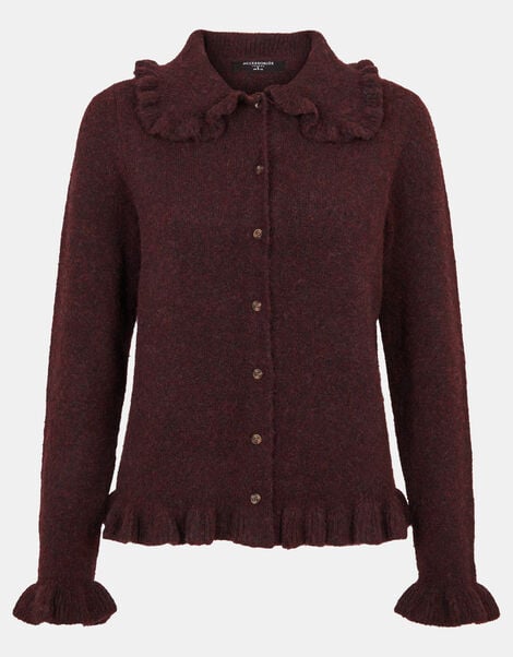 Ruffle Collar Cardigan, Brown (CHOCOLATE), large