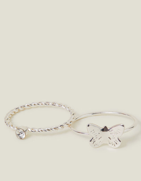 2-Pack Butterfly Diamante Rings, Silver (SILVER), large