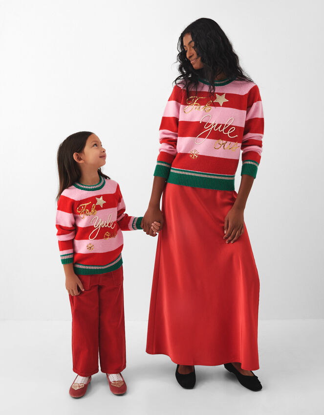 Girls Slogan Stripe Christmas Jumper, Multi (BRIGHTS MULTI), large