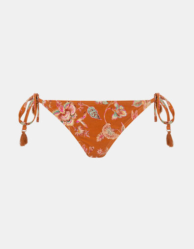 Floral Print Tie Side Bikini Bottoms, Orange (RUST), large