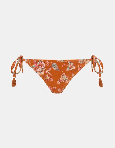 Floral Print Tie Side Bikini Bottoms, Orange (RUST), large