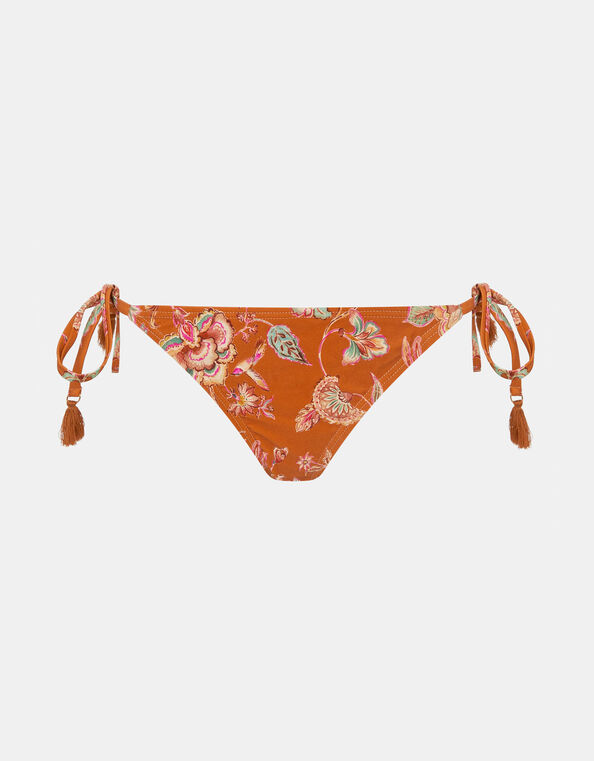 Floral Print Tie Side Bikini Bottoms, Orange (RUST), large