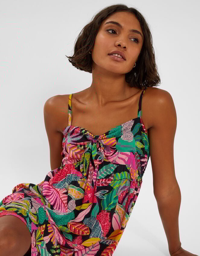 Tropical Print Tie Front Mini Dress, Black (BLACK), large