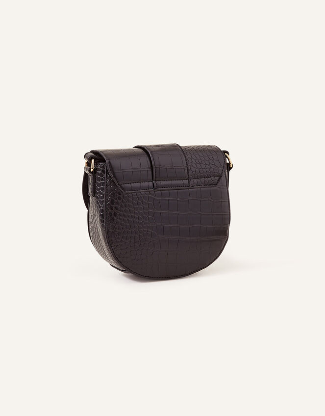 Faux Croc Ring Detail Saddle Bag, Black (BLACK), large