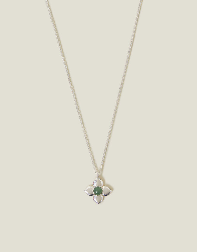 Sterling Silver-Plated Aventurine Clover Pendant Necklace, , large