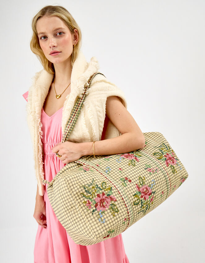 Floral Embroidered Check Weekend Bag, , large