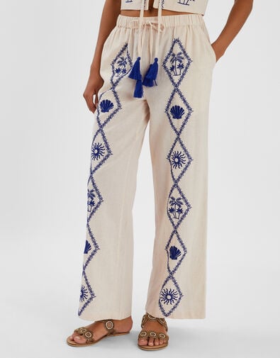 Tropical Embroidered Wide Leg Trousers, Natural (NATURAL), large