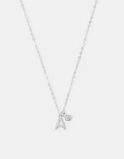 Sterling Silver Diamanté Initial Pendant Necklace, Silver (ST SILVER), large