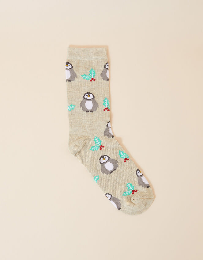 All Over Festive Penguin Print Socks, , large