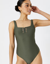 Lace Up Rib Swimsuit, Green (KHAKI), large