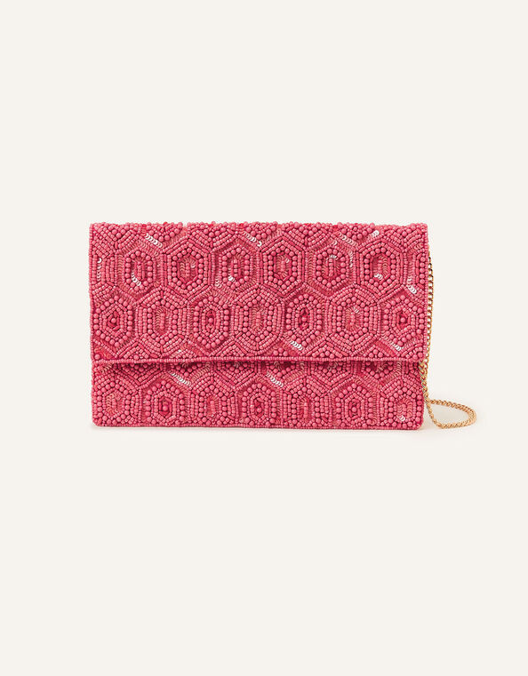 Classic Beaded Hand Embellished Clutch, Orange (CORAL), large