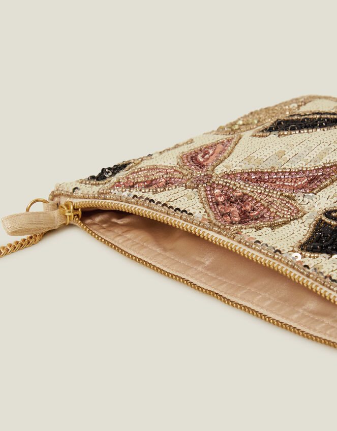 Sequin Bow Zip Top Clutch Bag, , large
