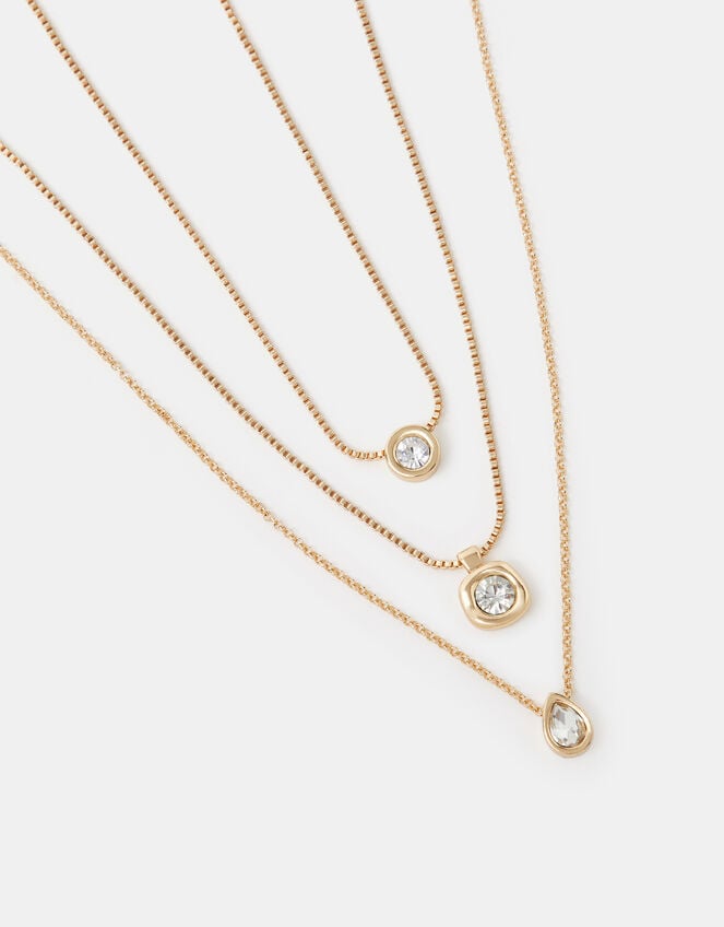 3-Pack Bezel Crystal Pendant Necklaces, Gold (GOLD), large