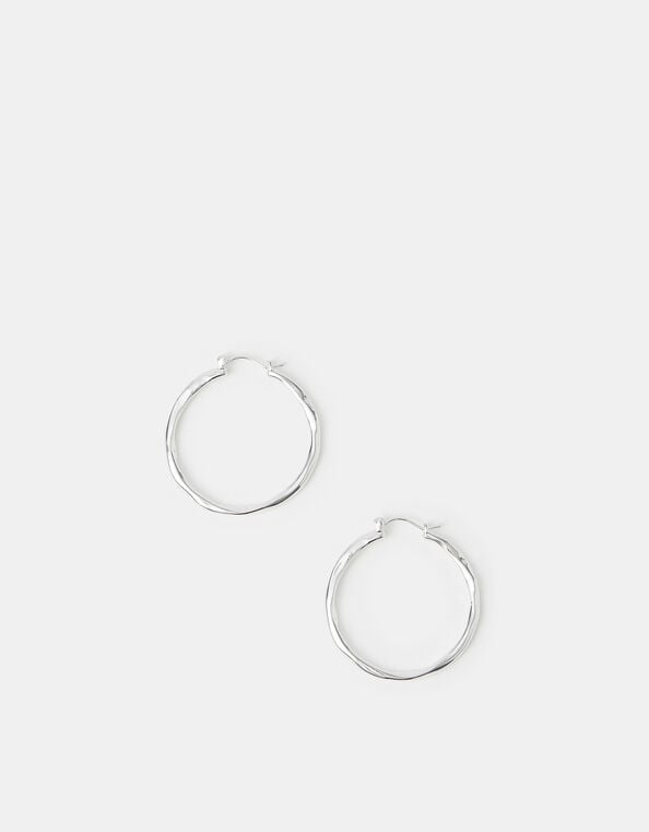 Sterling Silver-Plated Large Molten Hoop Earrings, , large