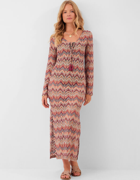 Long Sleeve Crochet Maxi Beach Dress, Red (RED), large