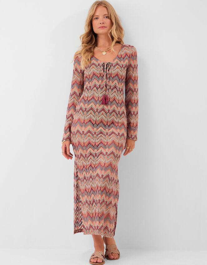 Long Sleeve Crochet Maxi Beach Dress, Red (RED), large