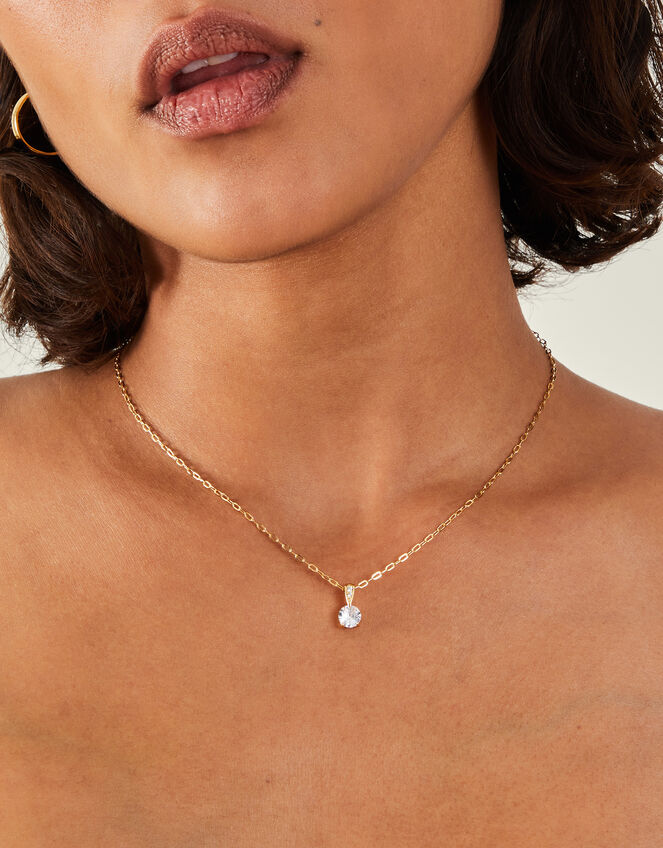 14ct Gold-Plated Solitaire Diamante Pendant Necklace, , large
