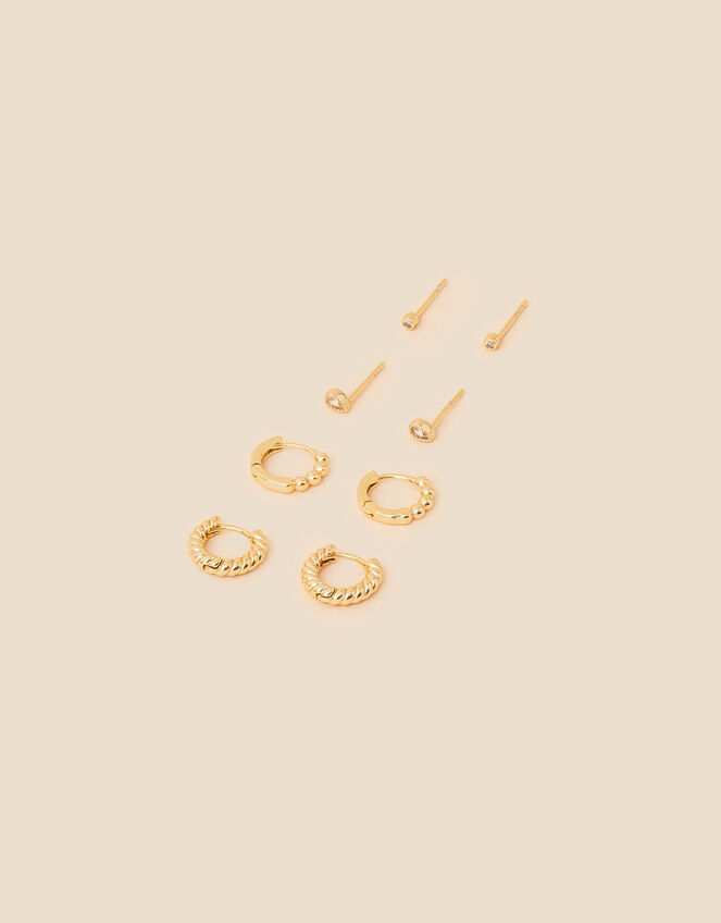 14ct Gold-Plated Sparkle Stud and Hoop 4 Pack, , large