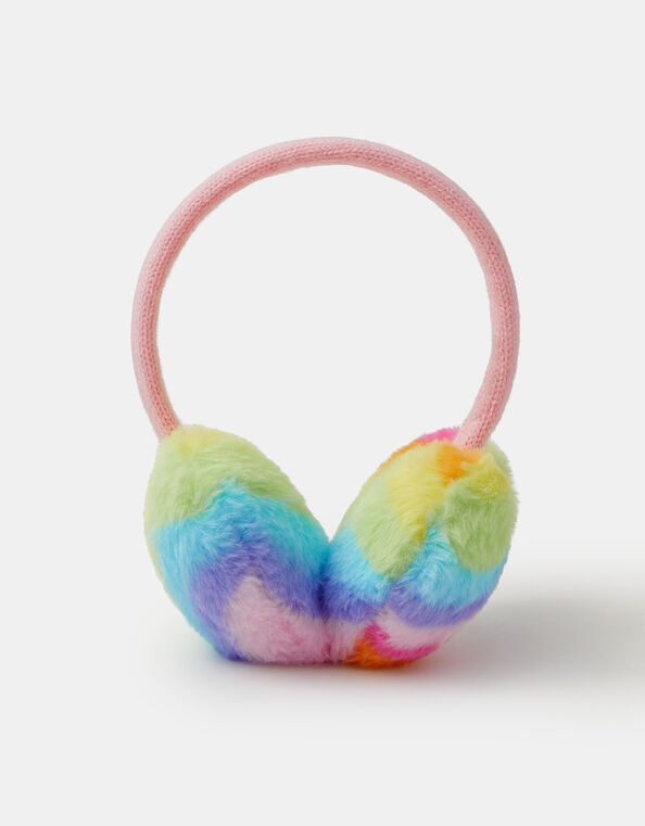 Girls Faux Fur Rainbow Print Earmuffs, , large