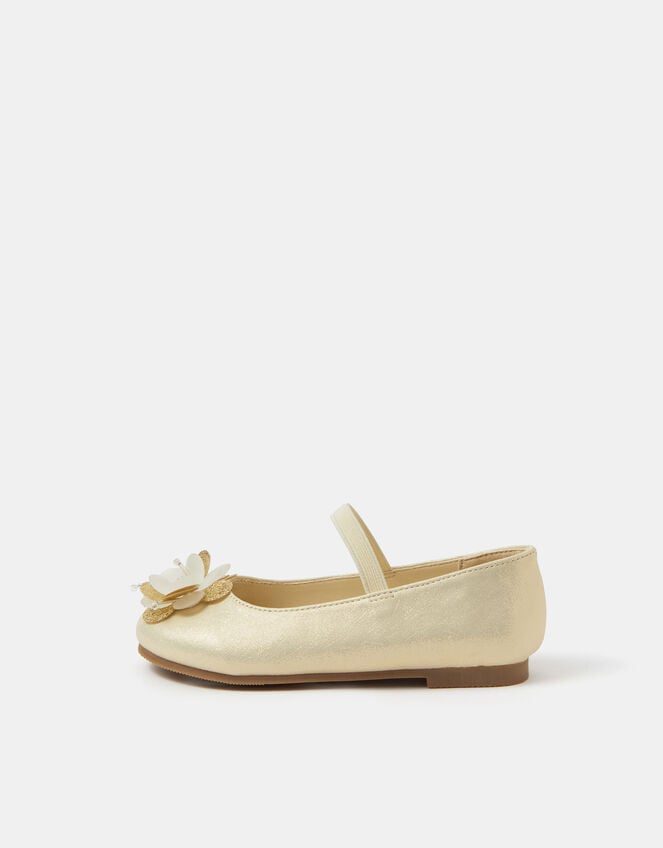 Girls Appliqué Flower Ballet Flats, Gold (GOLD), large