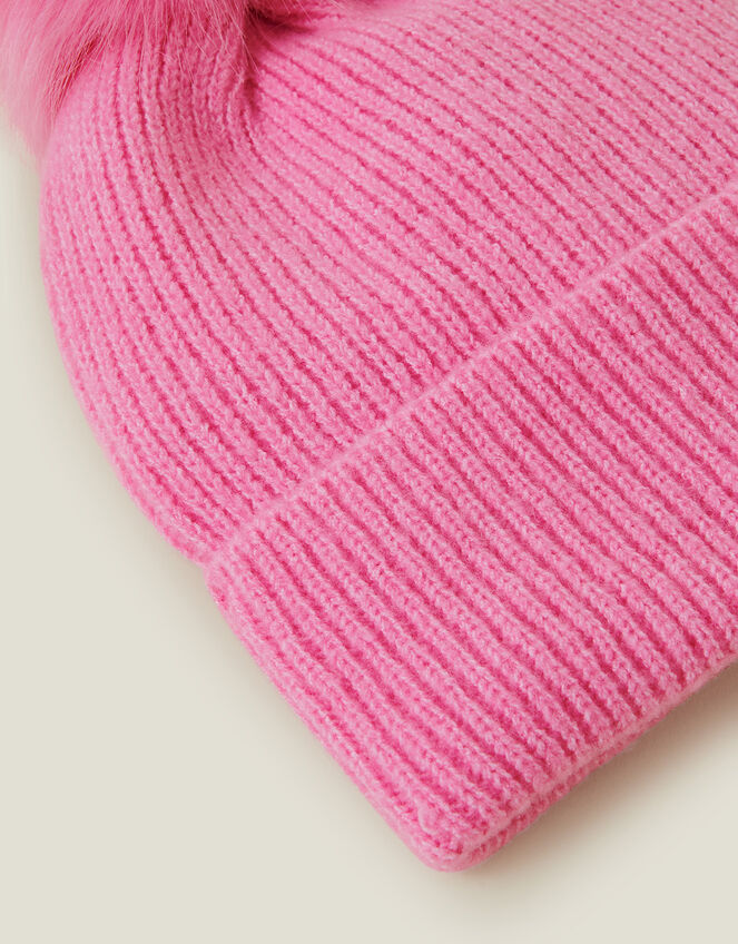 Faux Fur Pom Rib Beanie Hat, Pink (PINK), large