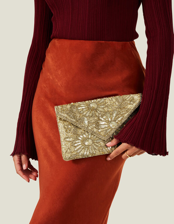 Tara Hand-Beaded Clutch Bag, Gold (GOLD), large