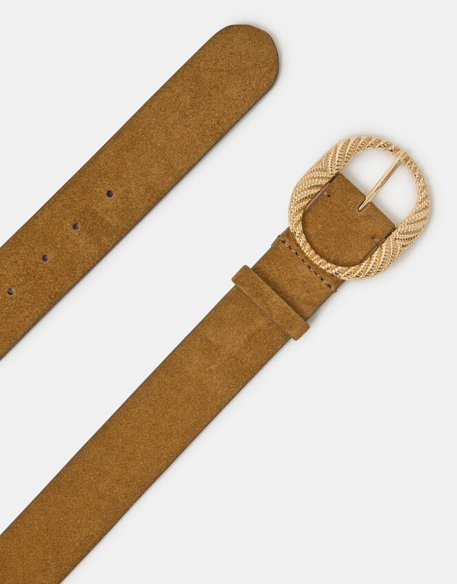 Textured Buckle Leather Belt, Tan (TAN), large