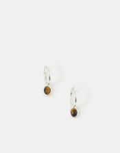 Sterling Silver Healing Stone Hoop Earrings, Brown (BROWN), large