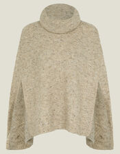 Roll Neck Knit Poncho, Camel (OATMEAL), large