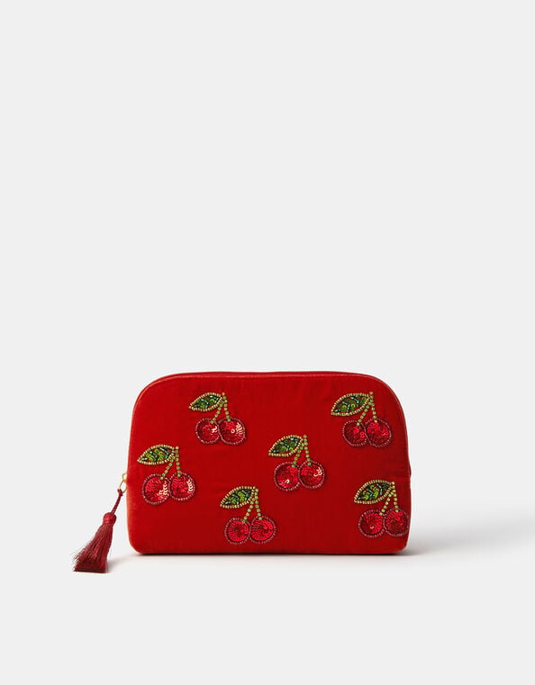 Embellished Cherry Velvet Pouch, , large