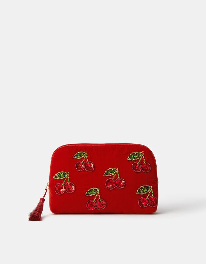 Embellished Cherry Velvet Pouch, , large