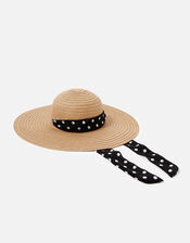 Polka Dot Tie Floppy Hat, Natural (NATURAL), large