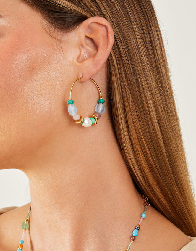 14ct Gold-Plated Stone Hoop Earrings, , large