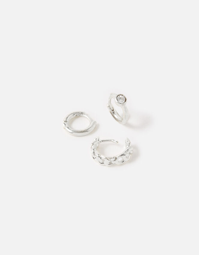 Plain Chain Crystal Hoops Set of Three, Silver (SILVER), large
