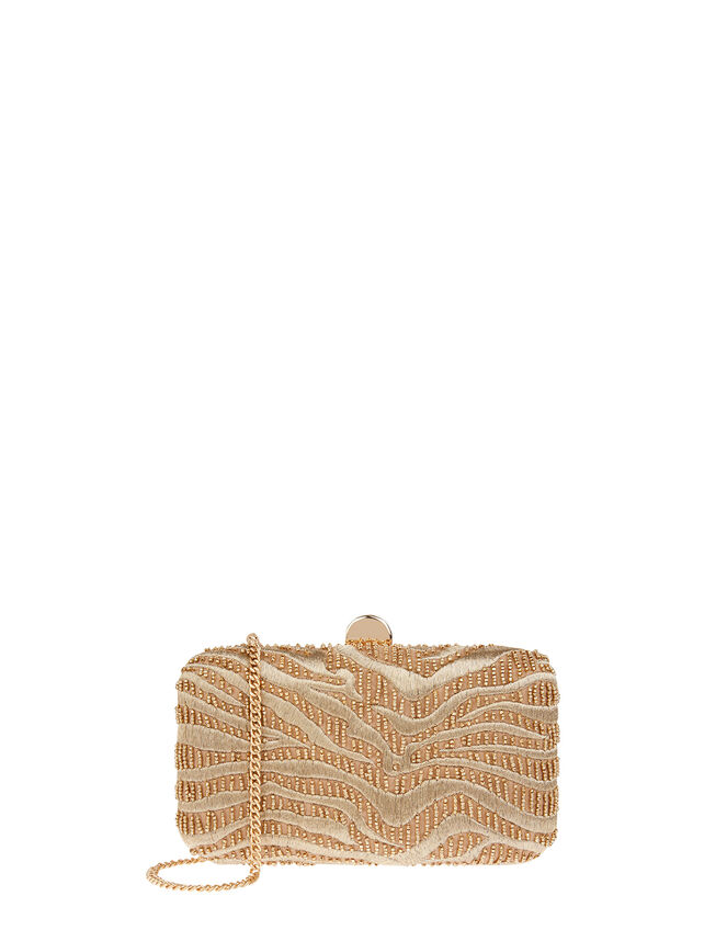 Metallic Zebra Beaded Hardcase Clutch Bag, , large