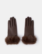 Faux Fur Cuff Leather Gloves, Brown (CHOCOLATE), large