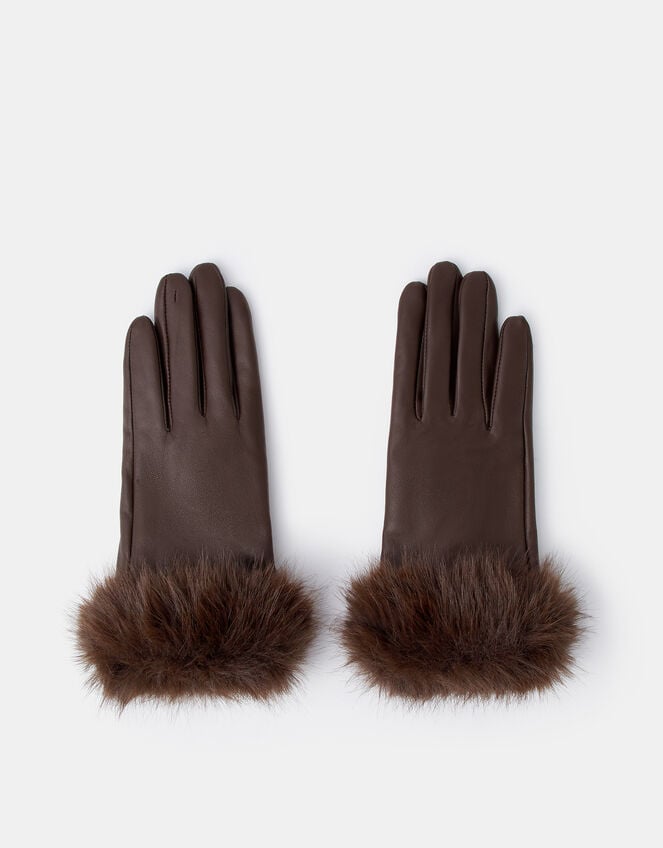 Faux Fur Cuff Leather Gloves, Brown (CHOCOLATE), large