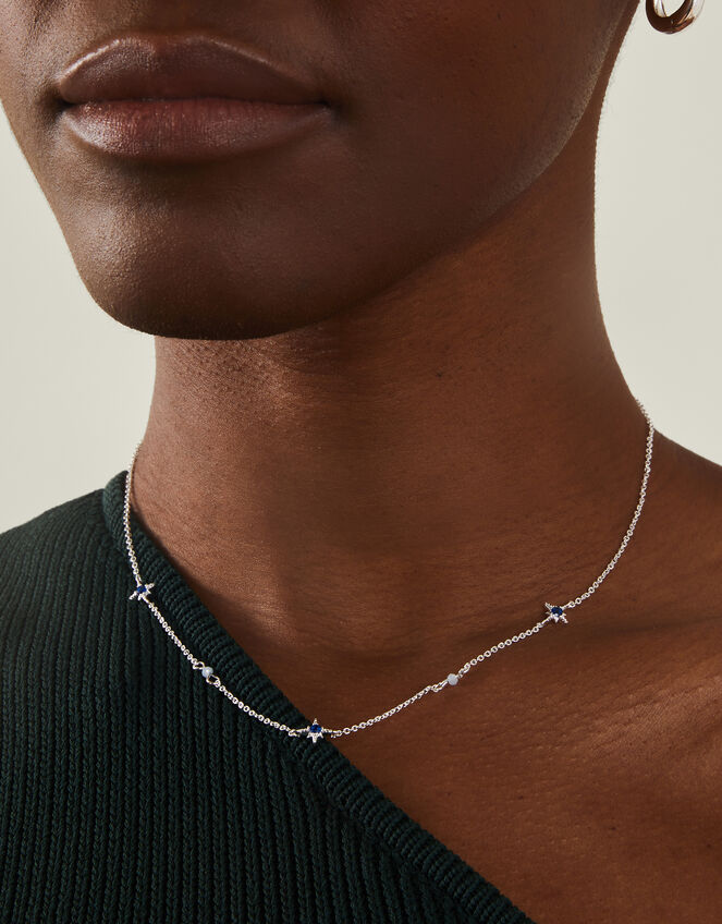 Sterling Silver-Plated Gemstone Star Station Necklace, , large
