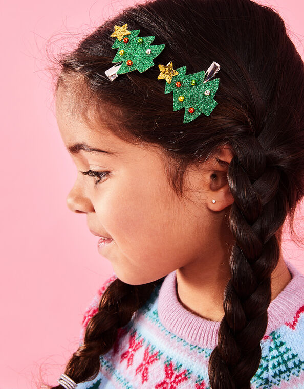 Girls Christmas Tree Hair Clips Set of Two, , large