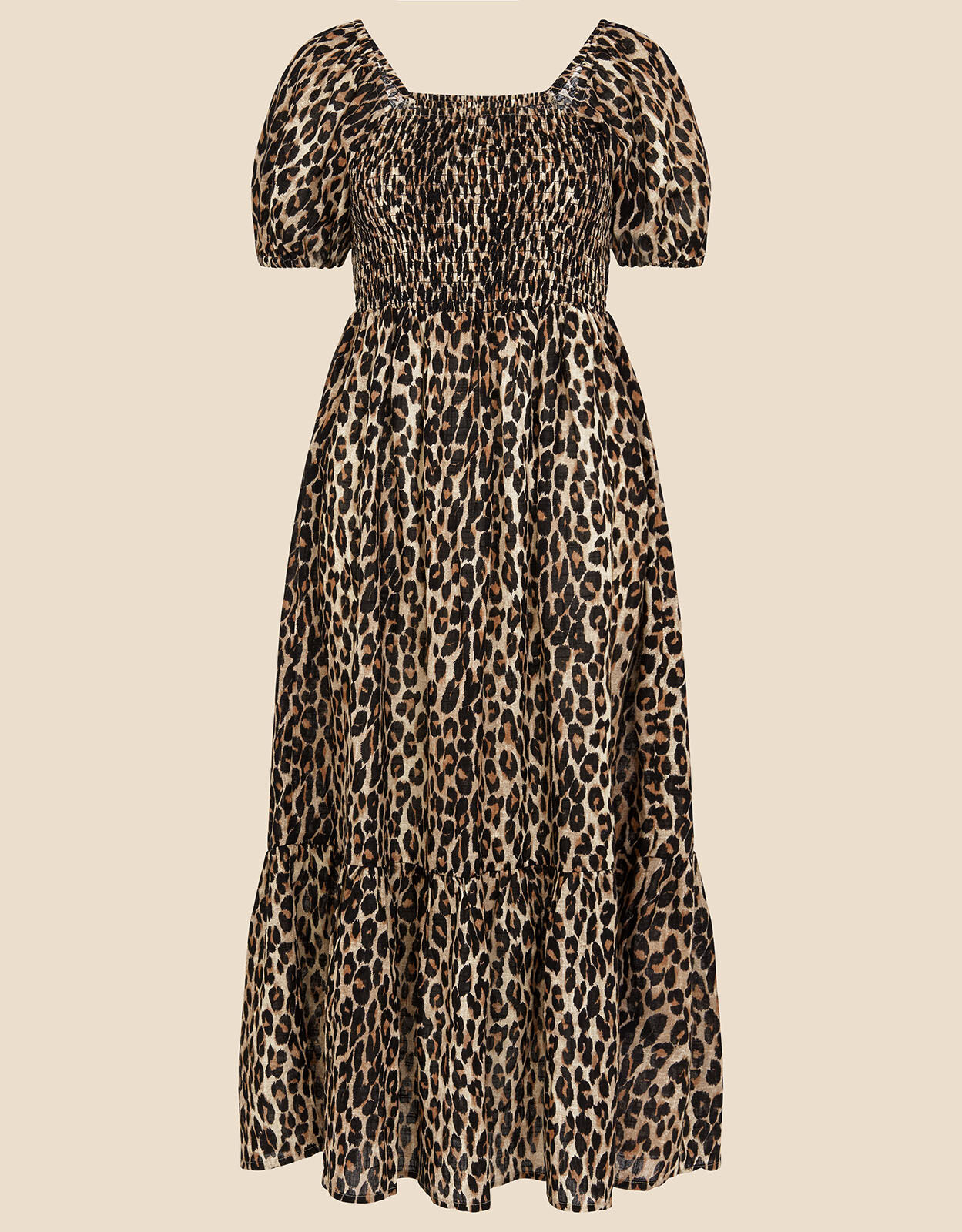 Leopard Print Shirred Puff Sleeve Dress Brown