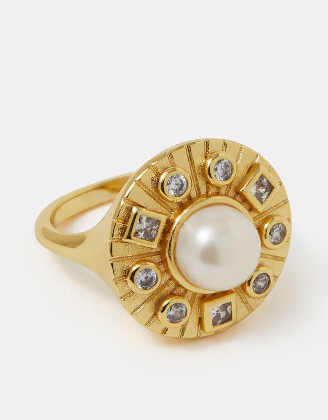 14ct Gold-Plated Pearl Coin Ring, Gold (GOLD), large