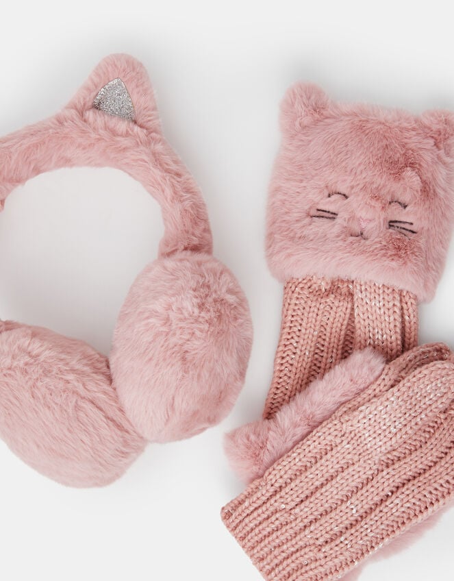 Girls Cat Faux Fur Earmuffs and Gloves Set, Pink (PINK), large