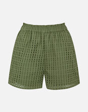 High Waist Broderie Shorts, Green (KHAKI), large