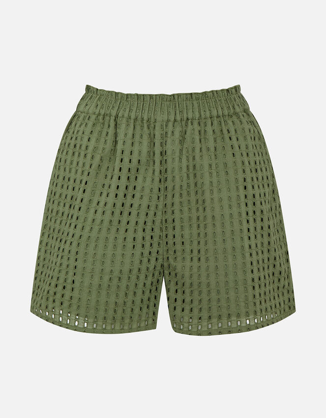 High Waist Broderie Shorts, Green (KHAKI), large