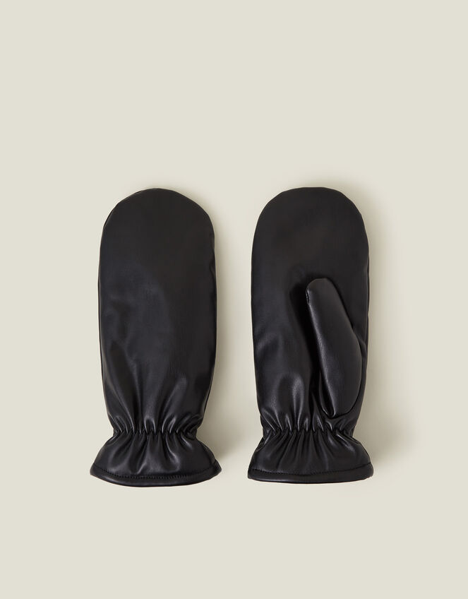 Faux Leather Borg Lined Mittens, , large
