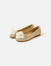 Girls Shimmer Corsage Ballerina Flats, Gold (GOLD), large