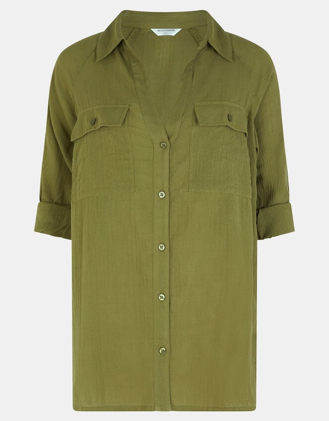 Long Sleeve Beach Cover Up Shirt, Green (KHAKI), large