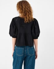 Puff Sleeve Tie Front Blouse, Black (BLACK), large